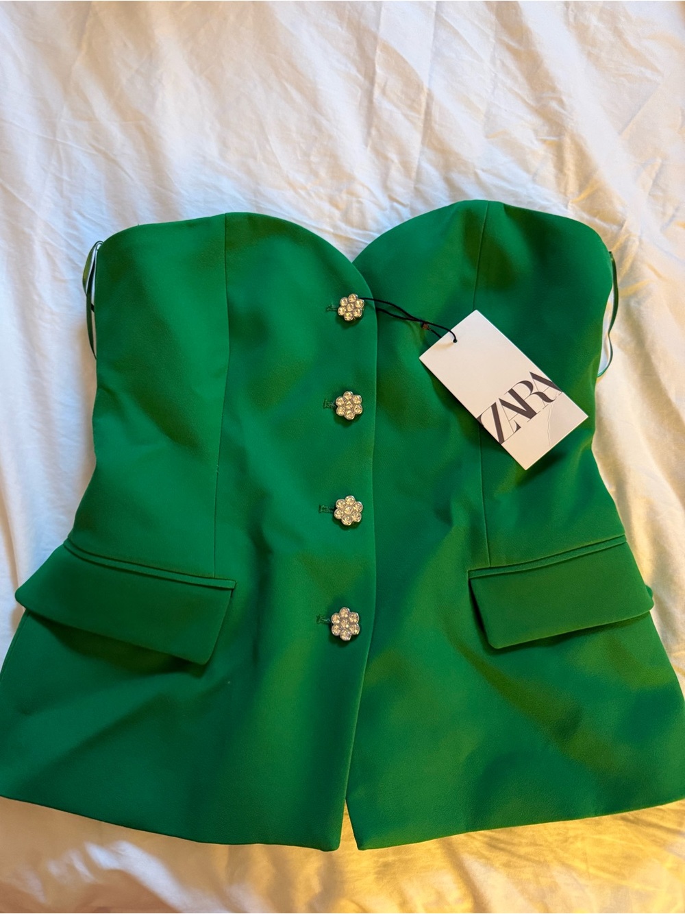 ZARA Emerald Green Strapless Bustier Blazer with Floral Buttons